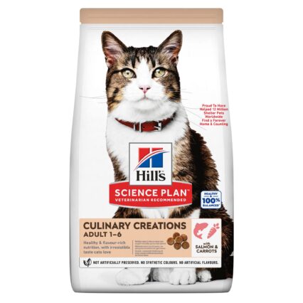 Hill’s Science Plan Culinary Creations Salmon & Carrots Cat Food (1.5kg) is crafted to provide premium nutrition with an irresistible taste. Made with high-quality salmon as the primary protein source, it supports lean muscle maintenance and overall health. The addition of carrots provides natural fiber for healthy digestion and essential nutrients for vitality. Enriched with omega fatty acids, antioxidants, and vitamins, this formula promotes a shiny coat, strong immune system, and optimal well-being. With a carefully balanced blend of ingredients, this 1.5kg bag offers delicious, complete nutrition tailored for adult cats.