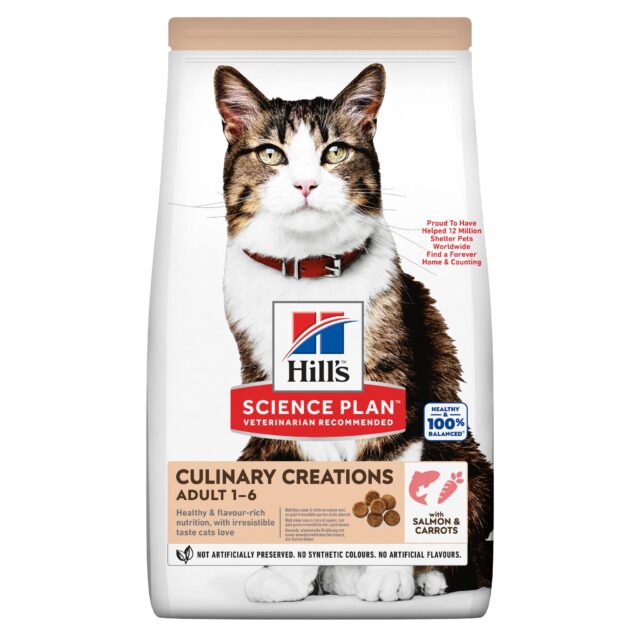 Hill’s Science Plan Culinary Creations Salmon & Carrots Cat Food (1.5kg) is crafted to provide premium nutrition with an irresistible taste. Made with high-quality salmon as the primary protein source, it supports lean muscle maintenance and overall health. The addition of carrots provides natural fiber for healthy digestion and essential nutrients for vitality. Enriched with omega fatty acids, antioxidants, and vitamins, this formula promotes a shiny coat, strong immune system, and optimal well-being. With a carefully balanced blend of ingredients, this 1.5kg bag offers delicious, complete nutrition tailored for adult cats.