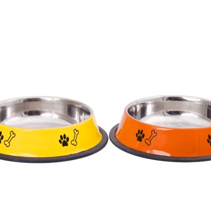Antiskid-Coloured-Dog-Bowl-with-Printing-in-YellowOrange-17-cm